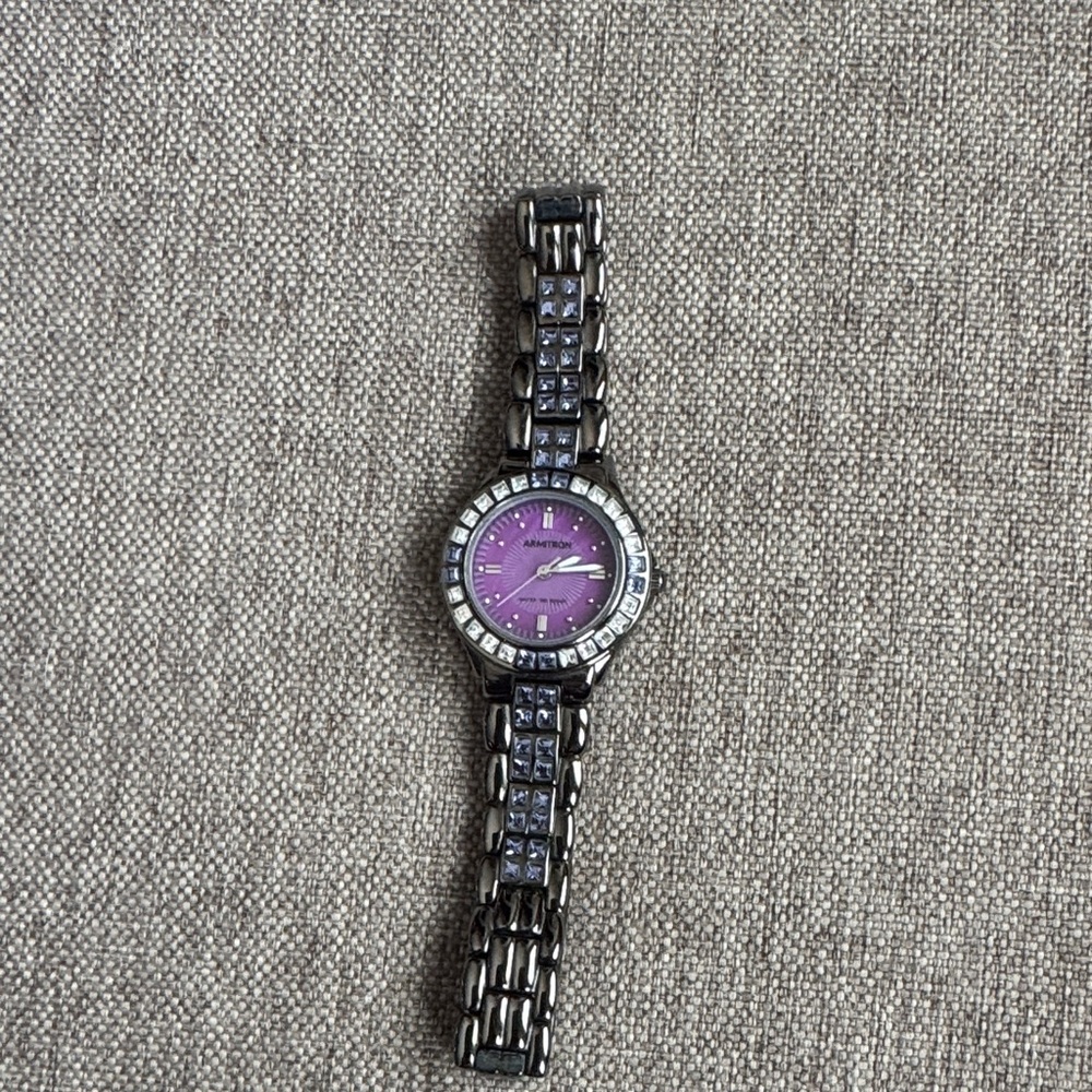 Armitron Women's Watch With Purple Dial; Gunmetal Grey Band; Rhinestone Accents